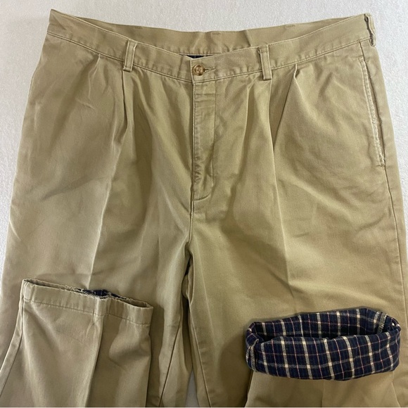 LL Bean Natural Fit Flannel Lined Tan Pleated Chino Pants Mens 40x30 #0 FPV5 - Picture 2 of 8